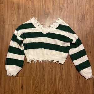 Green and White Cropped Sweater